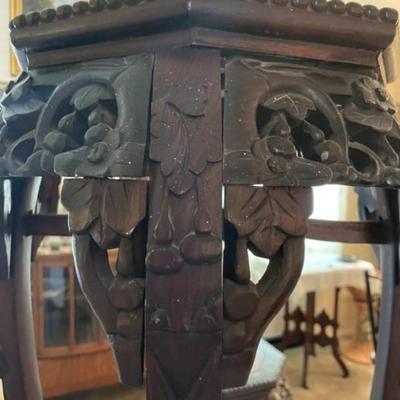 Antique Very Early Chinese Hand Carved Wooden w/Inset Marble Top Plant Stand/Pedestal 30.5" Tall.