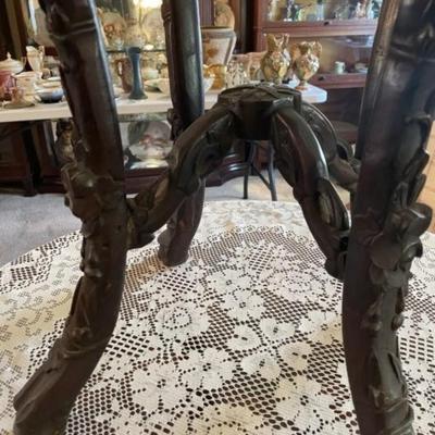 Antique Very Early Chinese Hand Carved Wooden w/Inset Marble Top Plant Stand/Pedestal 35" Tall