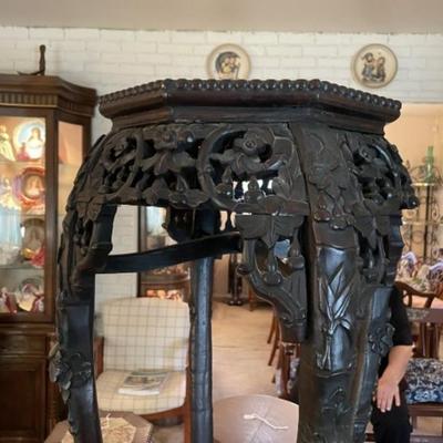 Antique Very Early Chinese Hand Carved Wooden w/Inset Marble Top Plant Stand/Pedestal 35" Tall