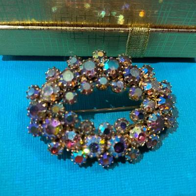 Vintage Aurora Borealis Pin 1.75" Wide in like New Preowned Condition as Pictured.