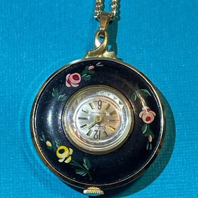 Vintage Mid-Century SHEFFIELD Pendant Watch Hand Painted on/26" Chain in VG Preowned Condition as Pictured. (In Good Working Order).