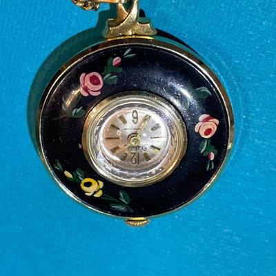 Vintage Mid-Century SHEFFIELD Pendant Watch Hand Painted on/26" Chain in VG Preowned Condition as Pictured. (In Good Working Order).