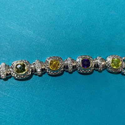 Vintage Silver-tone Multi-Colored Stones Fashion Tennis Bracelet 7.5" Long in VG Preowned Condition.