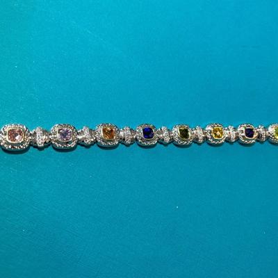 Vintage Silver-tone Multi-Colored Stones Fashion Tennis Bracelet 7.5" Long in VG Preowned Condition.