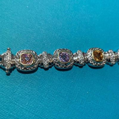 Vintage Silver-tone Multi-Colored Stones Fashion Tennis Bracelet 7.5" Long in VG Preowned Condition.