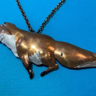 Vintage Hand Made & Painted Copper Coyote Pendant on a 25" Chain in Good Preowned Condition.