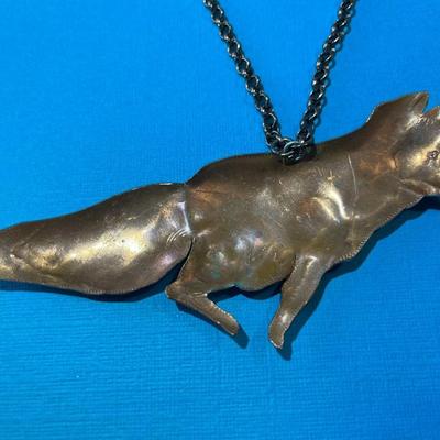 Vintage Hand Made & Painted Copper Coyote Pendant on a 25" Chain in Good Preowned Condition.