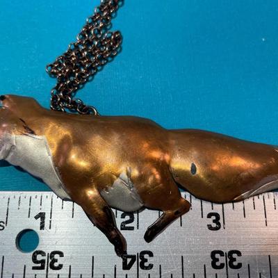 Vintage Hand Made & Painted Copper Coyote Pendant on a 25" Chain in Good Preowned Condition.