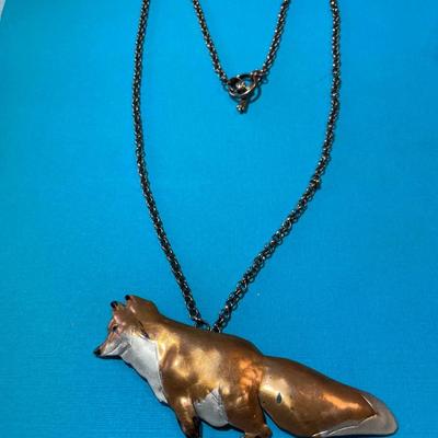 Vintage Hand Made & Painted Copper Coyote Pendant on a 25" Chain in Good Preowned Condition.
