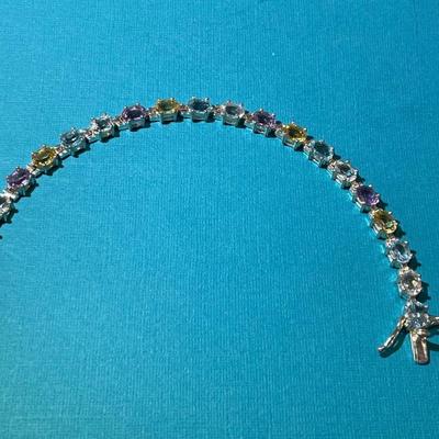 Vintage Sterling Silver Multi-Colored Semi-Precious Stones Fashion Tennis Bracelet 8" Long in VG Preowned Condition.