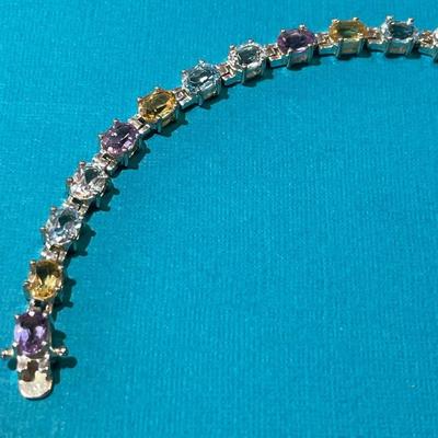Vintage Sterling Silver Multi-Colored Semi-Precious Stones Fashion Tennis Bracelet 8" Long in VG Preowned Condition.