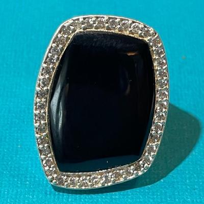 Vintage Sterling Silver Onyx Fashion CZ Ring Size-7 in Good Preowned Condition as Pictured.