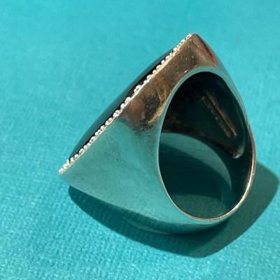 Vintage Sterling Silver Onyx Fashion CZ Ring Size-7 in Good Preowned Condition as Pictured.