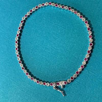 Vintage Dainty DL Designer Sterling Silver Ruby CZ Stones Fashion Tennis Bracelet 7.5" Long in VG Preowned Condition.