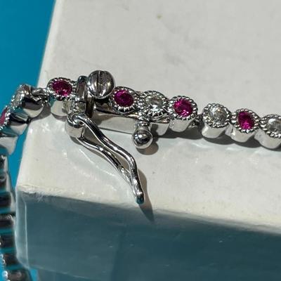 Vintage Dainty DL Designer Sterling Silver Ruby CZ Stones Fashion Tennis Bracelet 7.5" Long in VG Preowned Condition.