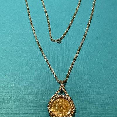 Vintage Gold-Plated Liberty V-Nickel 1907 Mounted in a Fashion Bezel & 23" Chain in Good/Preowned Condition as Pic'd.