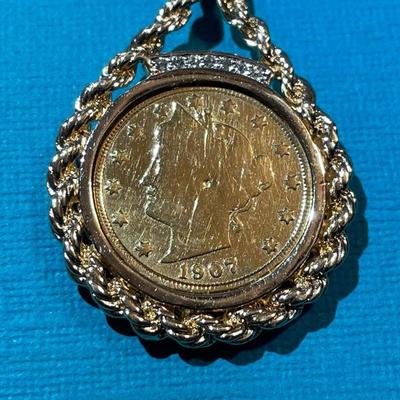 Vintage Gold-Plated Liberty V-Nickel 1907 Mounted in a Fashion Bezel & 23" Chain in Good/Preowned Condition as Pic'd.