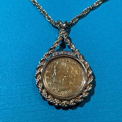 Vintage Gold-Plated Liberty V-Nickel 1907 Mounted in a Fashion Bezel & 23" Chain in Good/Preowned Condition as Pic'd.