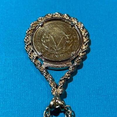 Vintage Gold-Plated Liberty V-Nickel 1907 Mounted in a Fashion Bezel & 23" Chain in Good/Preowned Condition as Pic'd.