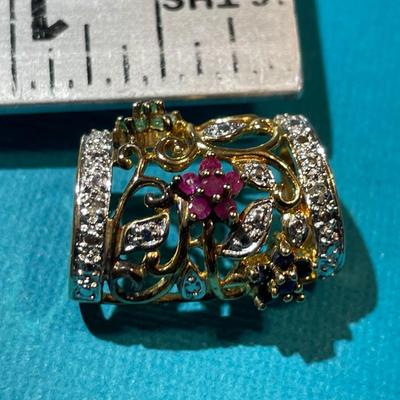 Vintage Sterling Silver Gold-toned Fashion Necklace Slide w/Rubies, Emeralds, Sapphires in VG Preowned Condition.