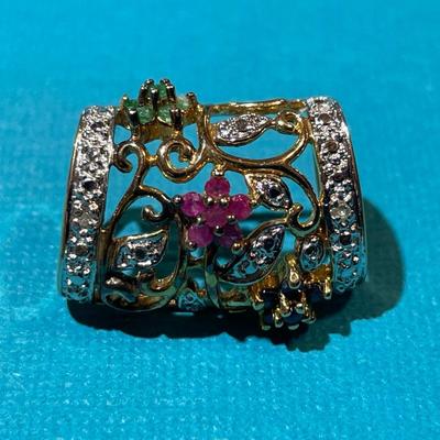 Vintage Sterling Silver Gold-toned Fashion Necklace Slide w/Rubies, Emeralds, Sapphires in VG Preowned Condition.
