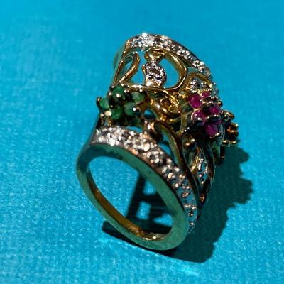 Vintage Sterling Silver Gold-toned Fashion Necklace Slide w/Rubies, Emeralds, Sapphires in VG Preowned Condition.