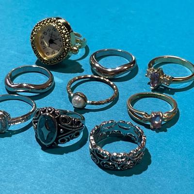 9-Vintage Fashion Jewelry Rings in VG Preowned Condition as Pictured.