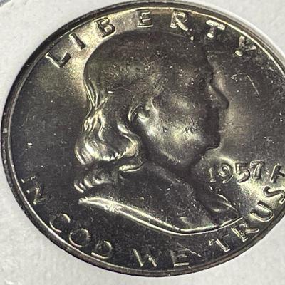 1957-P MS65 FBL Quality Gorgeous Mint Set Toned Franklin Silver Half Dollar as Pictured. (Uncertified).