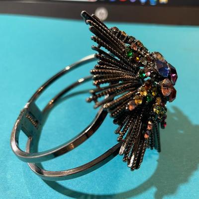 Vintage Large Hinged Adjustable Colored Stone Cuff Bracelet in VG Preowned Condition.