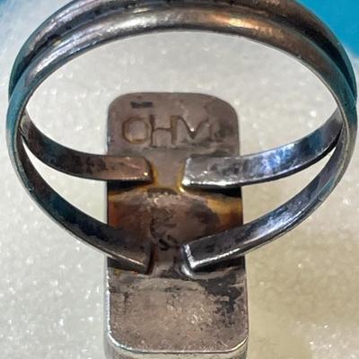 Vintage "OHM" Native American Dainty Sterling Silver Mother of Pearl Ring Size 8-1/2 in Good Preowned Condition.