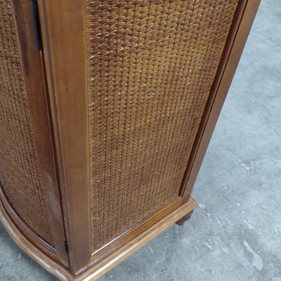 Wooden Shelving Unit with Metal and Woven Wicker Design Side Panels