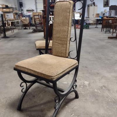 Pair of Cast Metal Scroll Design Chairs with Upholstered Seat and Back
