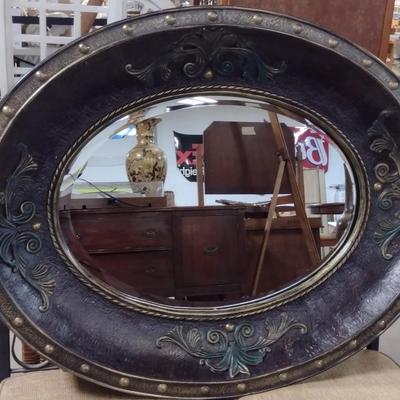 Large Wide Framed Beveled Oval Wall Mirror with Metal Tack Design