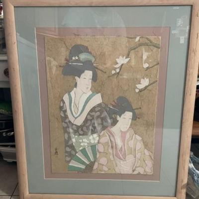 Vintage Large Early Japanese Signed Artwork on a Weave Parchment Paper Preowned from an Estate Cleanout. Frame Size 33.5" x 39.5".