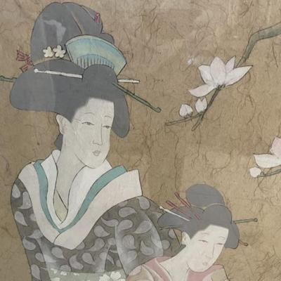 Vintage Large Early Japanese Signed Artwork on a Weave Parchment Paper Preowned from an Estate Cleanout. Frame Size 33.5" x 39.5".