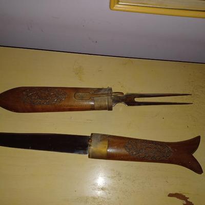 Vintage Knife & Fork Carving Set with Hand Carved Figural Fish Sheath