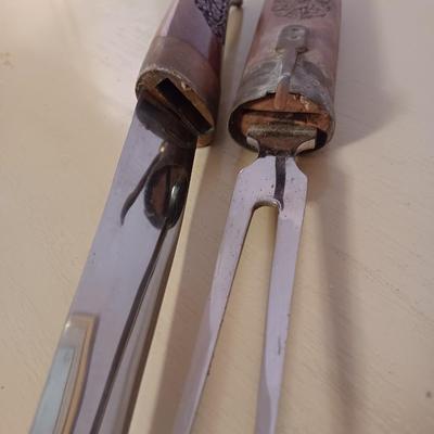 Vintage Knife & Fork Carving Set with Hand Carved Figural Fish Sheath