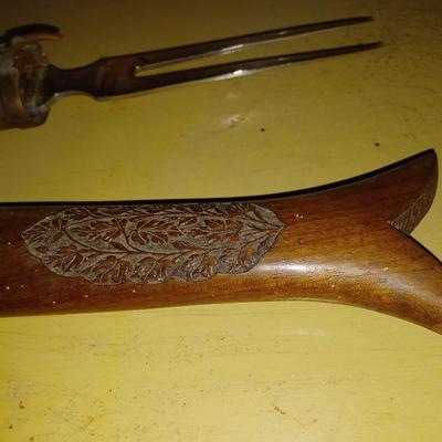 Vintage Knife & Fork Carving Set with Hand Carved Figural Fish Sheath