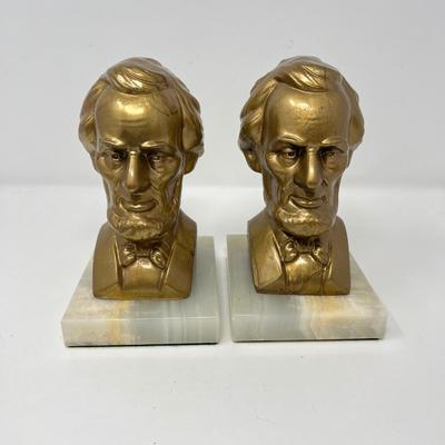 Lincoln Bust Metal Bookends on Marble Base
