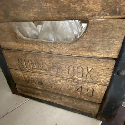 Farmhouse Mercantile Vintage Crate of Glass Milk Bottles