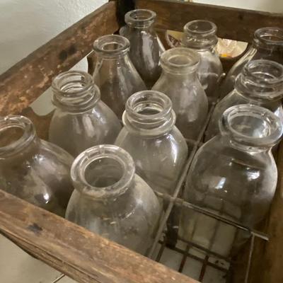 Farmhouse Mercantile Vintage Crate of Glass Milk Bottles