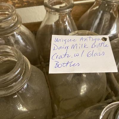 Farmhouse Mercantile Vintage Crate of Glass Milk Bottles
