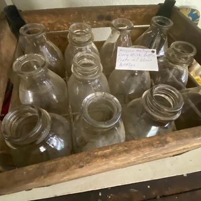 Farmhouse Mercantile Vintage Crate of Glass Milk Bottles