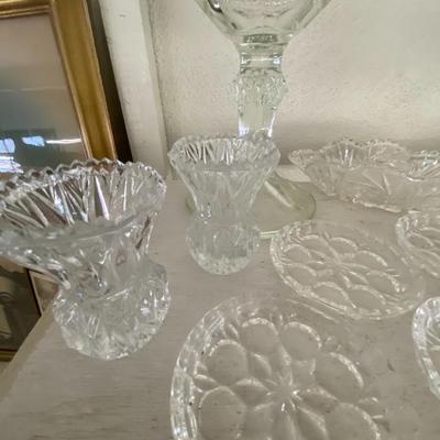 Farmhouse Mercantile Set of Nine Clear Glass Urn, Coaters, and Etc Lot