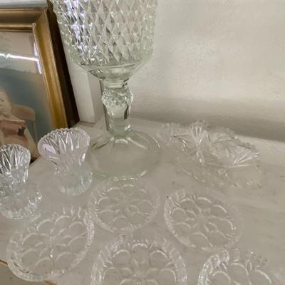 Farmhouse Mercantile Set of Nine Clear Glass Urn, Coaters, and Etc Lot
