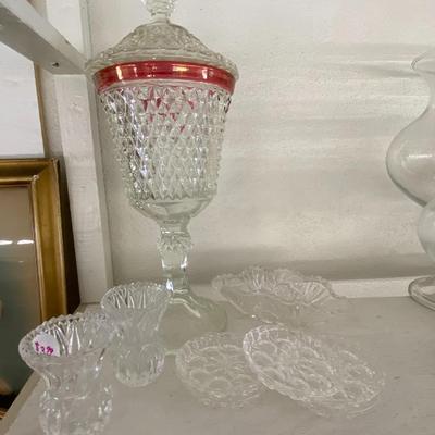 Farmhouse Mercantile Set of Nine Clear Glass Urn, Coaters, and Etc Lot
