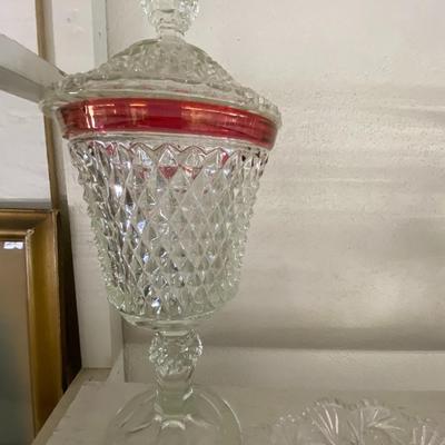 Farmhouse Mercantile Set of Nine Clear Glass Urn, Coaters, and Etc Lot