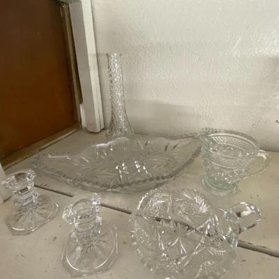 Farmhouse Mercantile Set of Six Glassware Candlesticks, Vase, and Trays Lot
