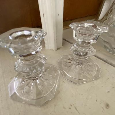 Farmhouse Mercantile Set of Six Glassware Candlesticks, Vase, and Trays Lot