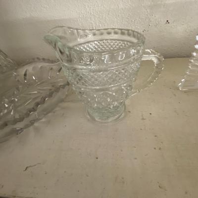 Farmhouse Mercantile Set of Six Glassware Candlesticks, Vase, and Trays Lot